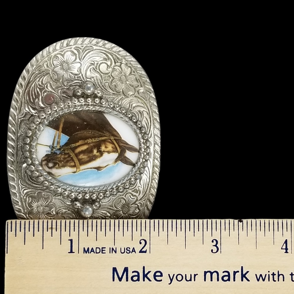 Western Cowboy Horse Head Oval Belt Buckle Silver Tone Ornate Engraved - Picture 9 of 9